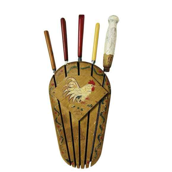 Vintage Woodpecker Woodware Knife Holder Rooster Wall Mount Spreader 4 Knives - Picture 1 of 14